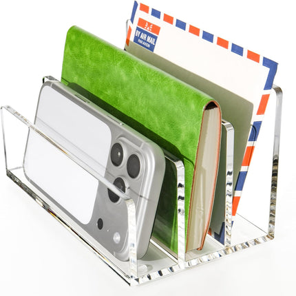 Clear Acrylic Desk Organizer – 3 Compartment Mail Holder & Letter Sorter for Office, Bills, Documents, Notebooks, Letter Tray – Modern Vertical File Rack for Home, Desk File Holder