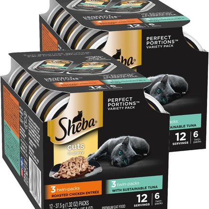 Sheba Perfect Portions Wet Cat Food Cuts in Gravy, Cat Food Wet Recipe, with Sustainable Tuna, Roasted Chicken Entree, 2.6 oz. Twin-Pack Trays (6 Count, 12 Servings) (Pack of 2)