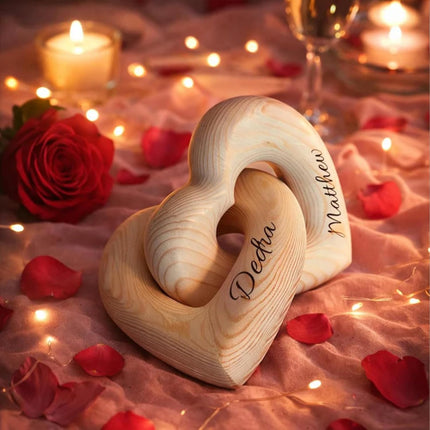 Personalized Romantic Interlocking Wood Hearts - Custom Couple Names Valentine's Anniversary Wedding Gift - Handcrafted Home Decor
