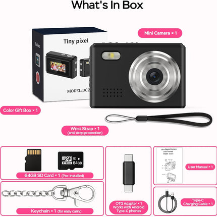 Mini Camera 1080P HD Video Recorder – Keychain Digital Camcorder with 64GB Card, 0.96" HD Display, Long Battery Life, Ultra-Portable Tiny Camera for Travel/Vlog/Night Shots, Ideal Gift, Black