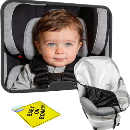 Baby Car Mirror Set | 360° Rotating Large HD Shatterproof Safety Mirror for Rear Facing Infants & Toddlers | Includes Baby on Board Sticker Sign & Car Seat Sunshade | Baby Car Essentials
