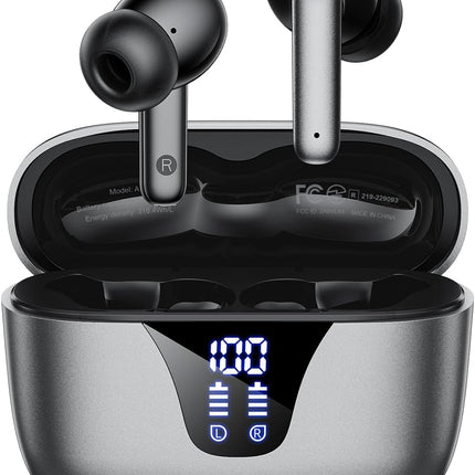 Wireless Earbuds Bluetooth Headphones, 50H Playtime Ear Buds with Mic, LED Digital Display Charging Case, IPX7 Waterproof, Deep Bass Stereo, in-Ear Earphone for iPhone Andriod Phone - Steel