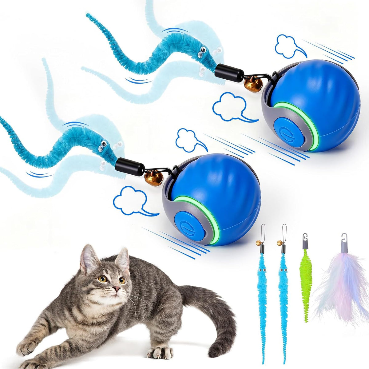 Rechargeable Interactive Cat Ball, 2 Speeds, 3 Tails, Blue