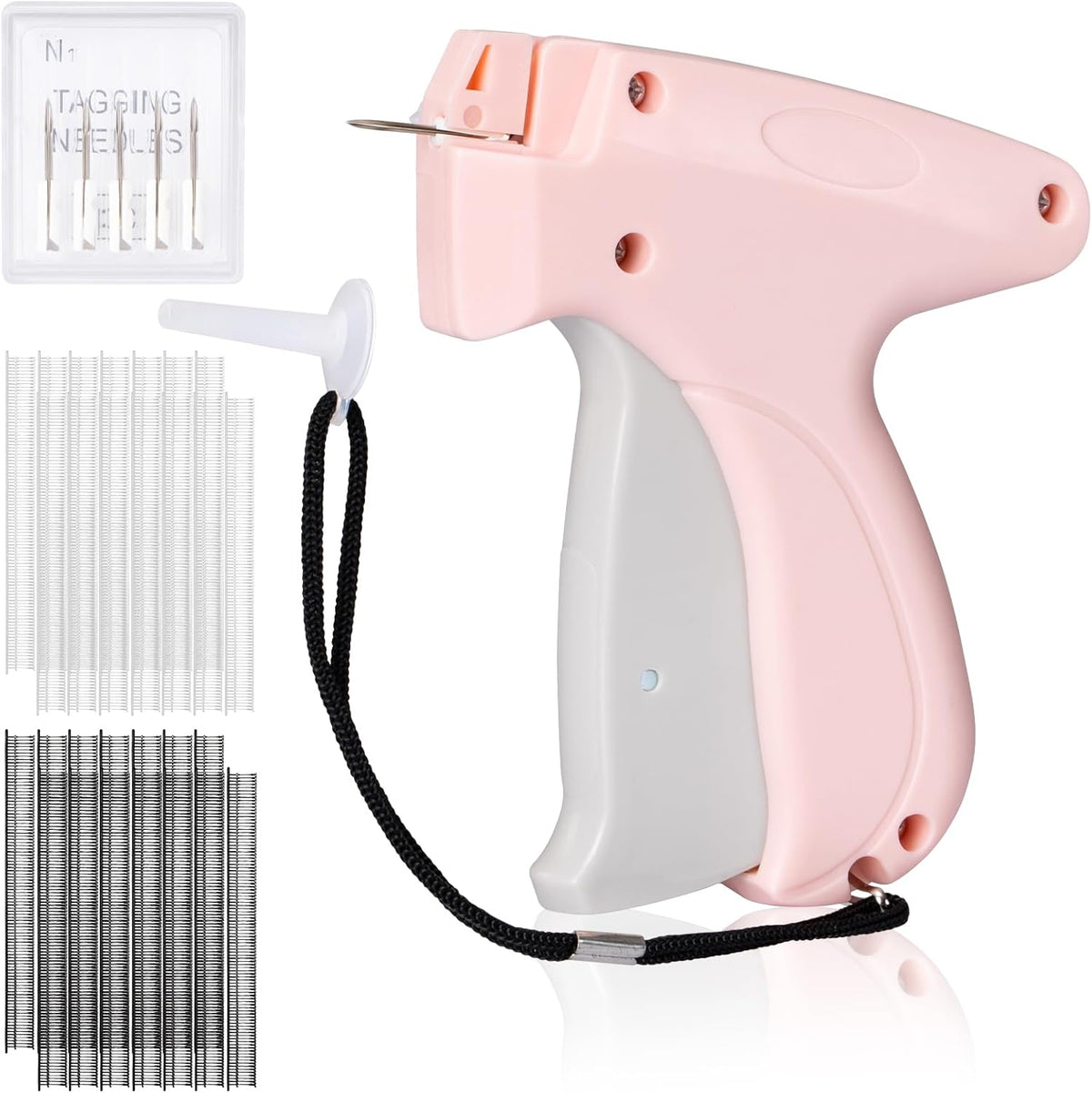 Pink Handheld Stitch Gun for Clothes with Black and White Fasteners