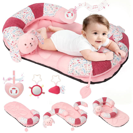 2-in-1 Tummy Time Mat & Seated Support Pillow with 5 Toys, Baby Floor Seat for Tummy Time & Early Sitting Support, Musical Stuffed Toys, Sensory Development Gifts for Newborn Babies