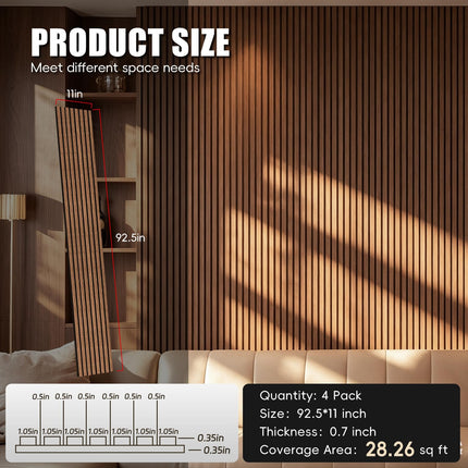 RITOLLO Wood Panels for Wall, Acoustic Wall Panels 92.5 x 11 in, 4 Pack, 3D Wood Slat Sound Absorbing Panels for Interior Wall Decor, Home Office Studio (Walnut)
