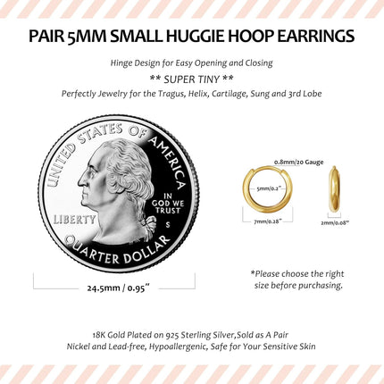925 Sterling Silver Small Hoop Earrings for Women,Gold or Silver,14K Gold Plated Tiny Huggie Earrings fit Cartilage,Helix,Tragus,Earlobe Piercing Jewelry,Lightweight&Hypoallergenic,5mm/6mm/7mm/8mm/9mm