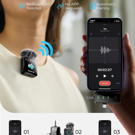 MENERESAS 3-in-1 Mini Microphone for iPhone: Wireless Lavalier Microphone with 80ft Range & 15H Battery - Noise Reduction Lapel Mic, Real-Time Monitoring for Video Recording Power Conditioners