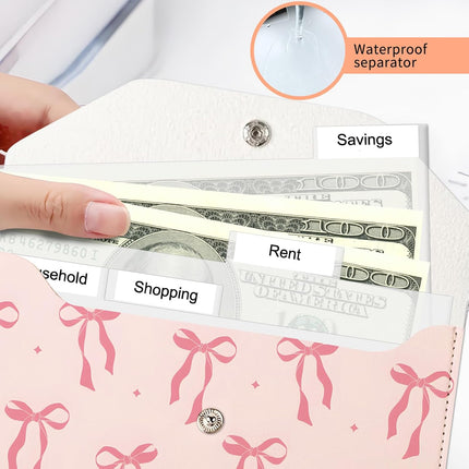 Cash Envelope Wallet, Reusable Budget Money Wallet, Cute PU Leather Money Saving Wallet with 4 Dividers & 1 Sheets Category Stickers Pink Ribbon Bows