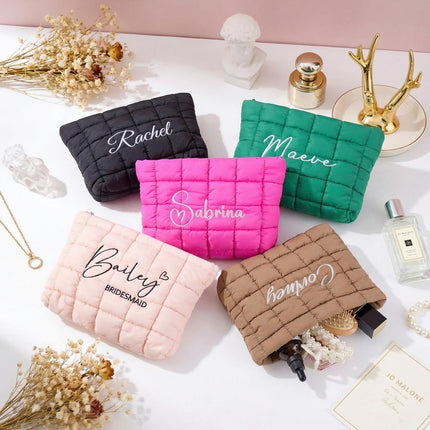 Custom Quilted Makeup Bag for Women Girls, Personalized Embroidered Cosmetic Bags, Customized Travel Pouch Toiletry Organizer for Wedding , Bridesmaid, Bachelorette, Birthday, Morther's Day Gift