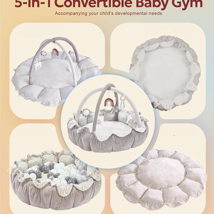 5-in-1 Thick & Plush Baby Play Gym, Baby Play Mats for Floor, Tummy Time Mat with 6 Toys, Convertible Stage-Based Developmental from Babies to Toddlers, Ball Pit, Pet Cushion Cloudico, Grey