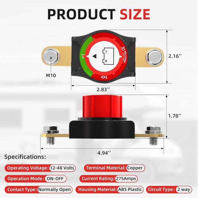 Side Post Battery Disconnect Switch 12V-48V 275A Waterproof