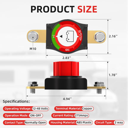 Joinfworld Side Post Battery Disconnect Switch 12V-48V 275A Waterproof Marine Battery Cut Off Switch 12 Volt for Car RV Boat ATV UTV Vehicles