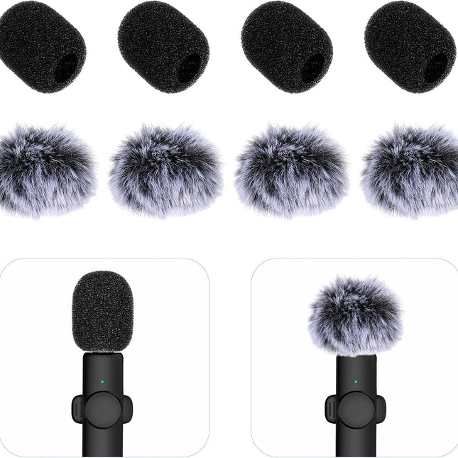 Microphone Cover, 8 PCS Mini Wireless Furry Mic Windscreen & Foam Cover Set Windproof Microphone Windscreen Wind Muff