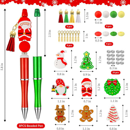 CZWZ 8 Pcs Christmas Beadable Pens, Plastic Beadable Pens with Multicolor Silicone Beads, Christmas Snowman Pine Tree Floral Hoop Deer Pens for Christmas Office School Supplies
