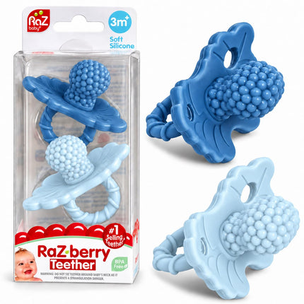 Silicone Teether Pacifier – Teething Relief for Infants, Food-Grade, BPA-Free, Hands-Free, Natural Berrybumps Fruit Texture for Sensory Development, Freezable, 2-Pack - Red & Blue