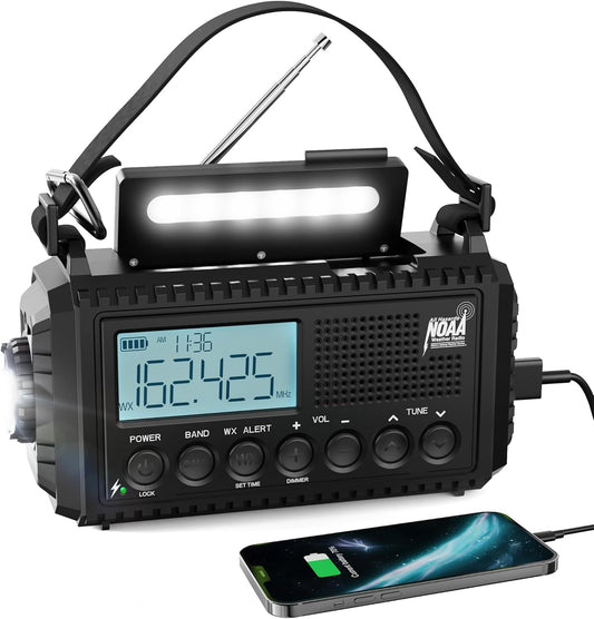 NOAA Weather Radio, 5000mAh/18500mWh Solar Hand Crank Emergency Radio, Battery Powered Portable Radio with