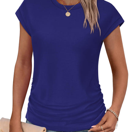 Womens Summer Tops Trendy 2026 Ruched Cap Short Sleeve Tshirts Shirts Crew Neck T Shirts Fashion