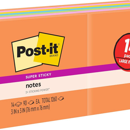 Post-it Super Sticky Notes, Energy Boost Collection, 1260 Total, 3 in x 3 in (76 mm x 76 mm), 14 Pads/Pack, 90 Sheets/Pad, 2X Sticking Power, Recyclable, Assorted Bright Colors
