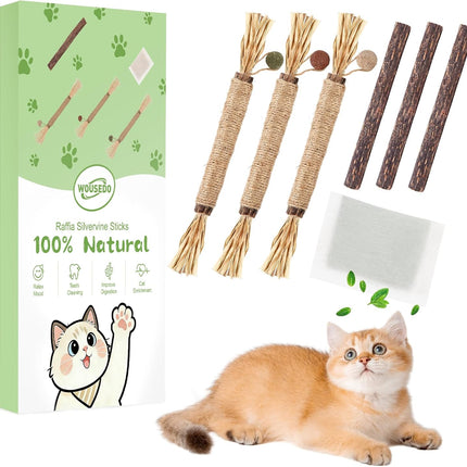 WOUSEDO 7 Pack Silvervine Sticks Cat Toy for Cats with Catnip & Matatabi Ball, Natural Chew Toys for Anxiety Relief & Dental Care, Teeth Cleaning Sticks for Indoor Cats & Kittens
