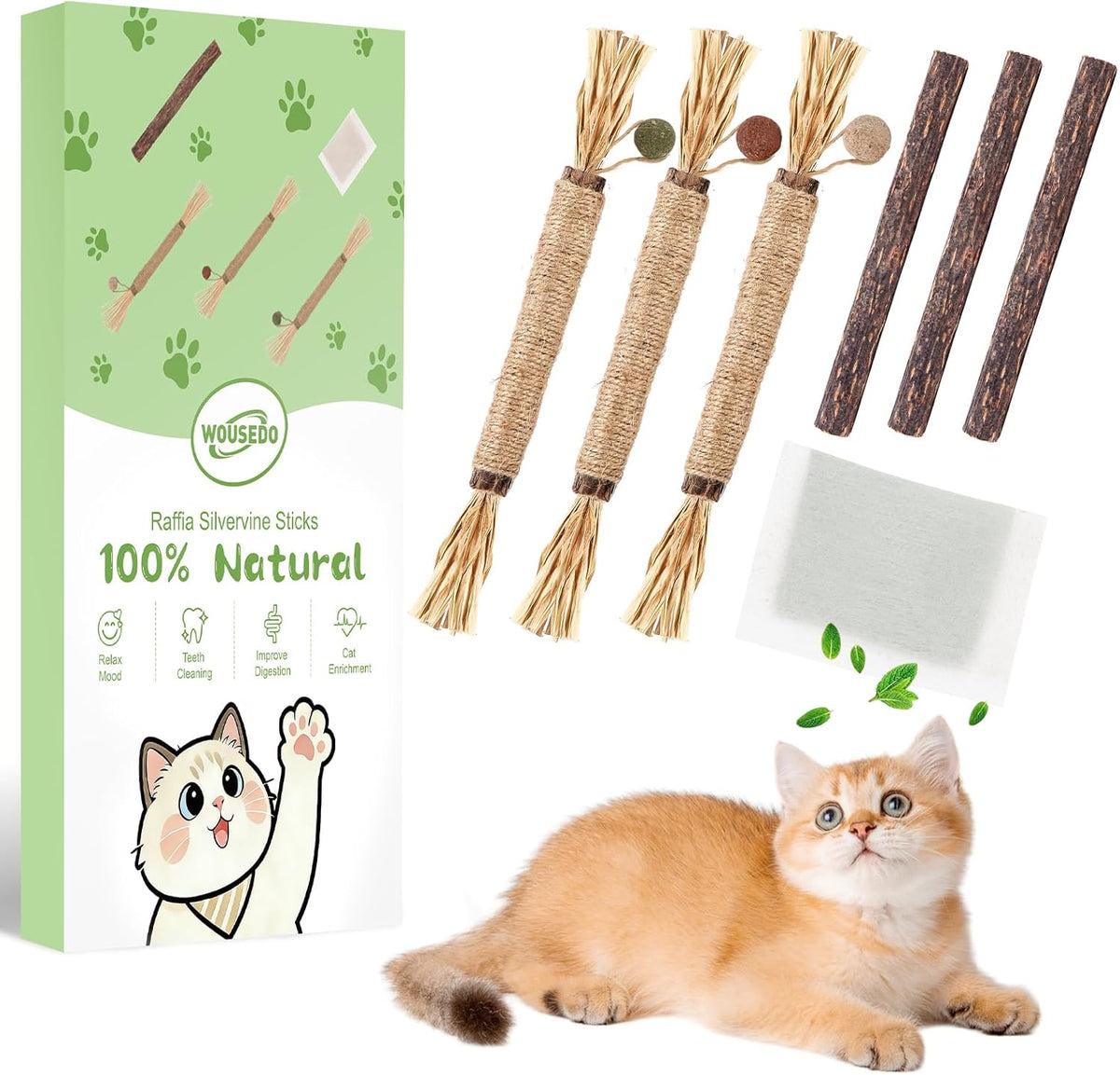 7 Pack Silvervine Sticks Cat Toy for Cats with Catnip & Matatabi Ball, Natural Chew Toys for Anxiety Relief & Dental