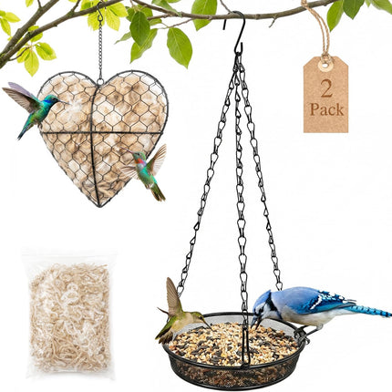 2 Pack Handmade Alpaca Fiber Bird Nesting Heart & Hanging Metal Mesh Bird Feeder Tray Kit - Outdoor Wild Bird Feeding & Nesting Kit for Garden, Patio, Backyard, Hummingbirds & Cardinals