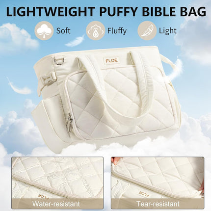 Large Bible Bag w/Bible Cover Case for Women, Puffer Bible Tote Bag Quilted Church Bag Book Carrying Case w/Shoulder Strap, Bible Study Supplies Journaling Kit Accessories Women Christian Easter Gift