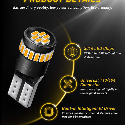 AUXITO 194 LED Light, Amber Yellow 168 2825 W5W T10 Wedge LED Replacement Light Kit Error Free for Car Dome Map Door Parking License Plate Marker Lights, Pack of 10