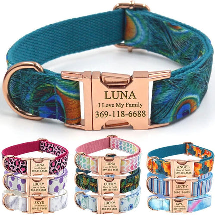 PETDURO Personalized Dog Collar Peacock Print with Name & Phone Number Engraved on Rose Gold Metal Buckle for Large Medium Boy Girl Dogs - Add Matching Soft Leash Bow Tie via Customize Now
