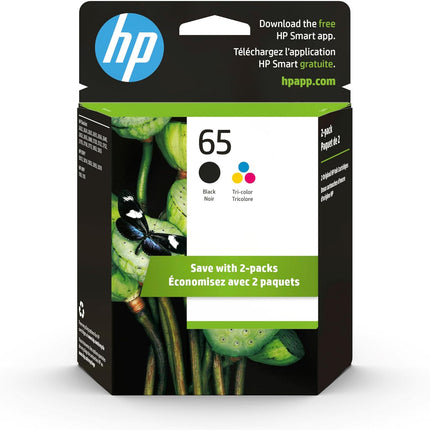 HP 65 Black/Tri-Color Ink Cartridges (2-Pack) | Works with AMP 100, DeskJet 2600, 3700, Envy 5000 | Eligible for Instant Ink | T0A36AN