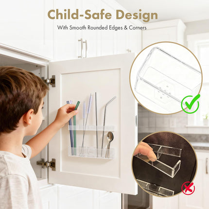 Acrylic Straw Holder for Cabinet Door - Organizer & Dispenser with Smooth Rounded Edges for Kitchen Accessories Storage, Adhesive Circles Included (Clear Transparent)