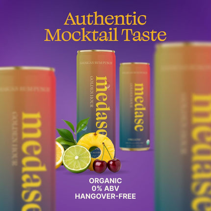 MEDASE Jamaican Rum Punch "Golden Hour" Non-Alcoholic Mocktail (12oz 4 Pack) Authentic Taste, Healthy and Organic Drink, Alcohol Free Beverage, Low Calorie, Gluten Free, Vegan, GMO Free