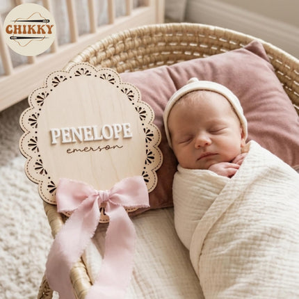 Personalized Wooden Baby Announcement Sign with Chiffon Bow - Custom Birth Stats Name Plate for Newborn Hospital Photo Prop - Nursery Wall Decor & Keepsake - 5, 6, 8, 10 Inch (05 - scalloped lace)