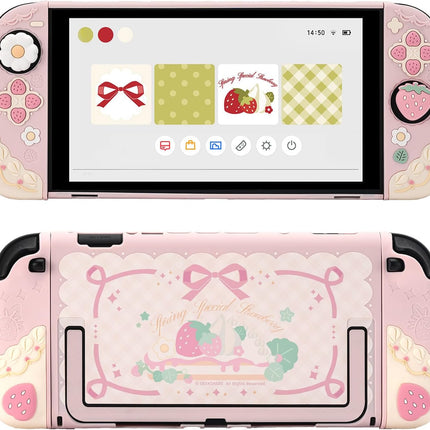 GeekShare Strawberries with Cream Case Compatible with Switch 2, Slim Separable Soft Silicone Protective Shell with 2 Thumb Grip Caps -- Pink