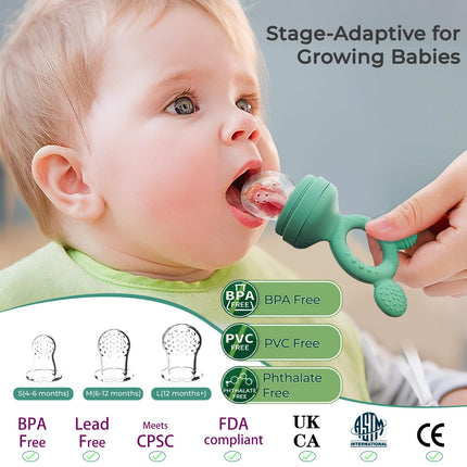 Baby Fruit Feeder 2 Pack with Freezer Tray, 4 Silicone Pouches in 3 Sizes, Breastmilk Popsicle Mold, Food Feeder Pacifier and Silicone Teether, 4+ Months