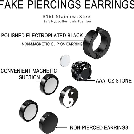 Trinckle Magnetic Earrings for Men and Women, 4 Pairs Clip on Earrings Stainless Steel Stud Earrings Hypoallergenic Cubic Zirconia Studs Small Non-piercing Silver Ear Cuff Black Fake Earring Set 6-8MM