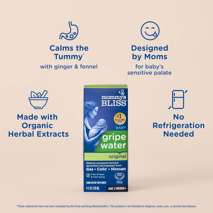 Mommy's Bliss Gripe Water Original, Infant Gas & Colic Relief, Gripe Water for Babies, Gentle & Safe, 2 Weeks+, 4 Fl Oz (Pack of 1)