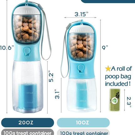 3-in-1 Portable Dog Water Bottle with Treat Container, 10oz
