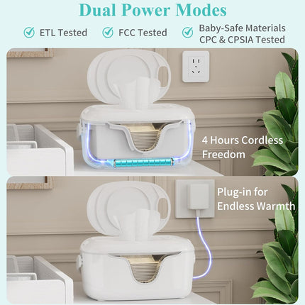 Portable Baby Wipe Warmer - Cordless Rechargeable Wet Wipes Dispenser for Travel Battery Operated with Nightlight Temperature Control for On the Go