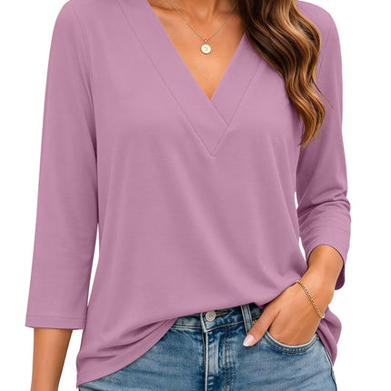 Womens 3/4 Sleeve V Neck Tops Loose Fit T Shirts Casual Blouses