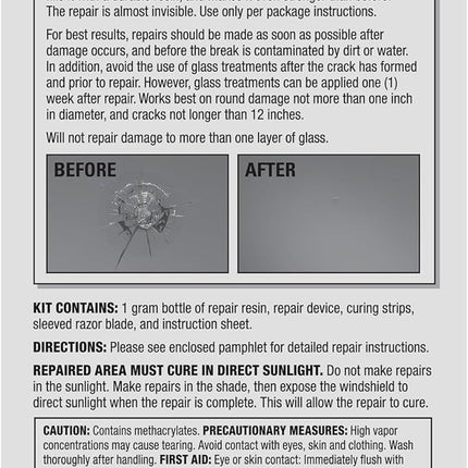 Rain-X 600001 Windshield Repair Kit - Quick and Easy Durable Resin Based Windshield Repair Kit for Chips and Cracks, Good for Round Damage Below 1" in Diameter and Cracks Smaller Than 12" in Length
