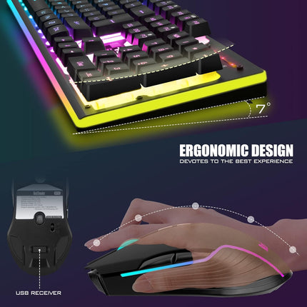 Wireless Gaming Keyboard and Mouse Combo, LED Backlit Rechargeable 3800mAh Battery, Mechanical Feel Anti-ghosting Keyboard + 7D 3200DPI Mice for PC Gamer (Black)