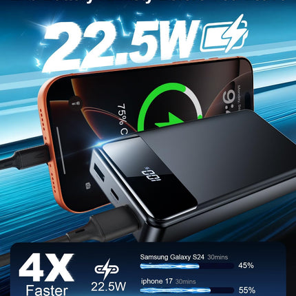 LILIO Portable Charger Power Bank，60,000mAh Battery Pack, 22.5W Power Bank Fast Charging with USB Cable, Phone Charger for iPhone 17/16/15/14/13 All Series/Samsung/Android, Camping Essentials, Black