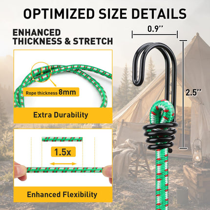 Bungee Cords Heavy Duty Outdoor: 20 Pcs Rubber Bungee Cords with Hooks in a Storage Jar Includes 10", 18", 24", 30", 36", 48" Bungee Cord for Camping, Tent, Fastening Items