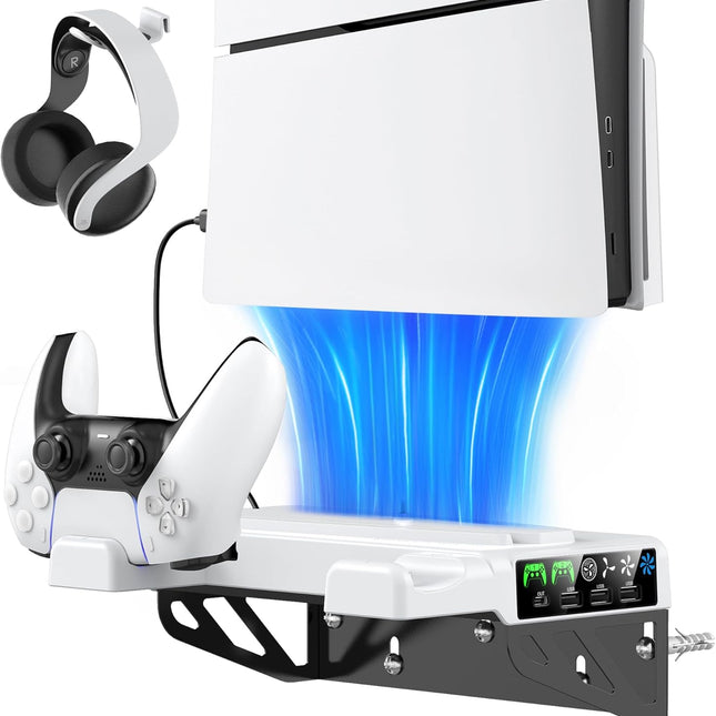 PS5/Slim/Pro Wall Mount Kit with Cooling Fan & Charging Station, PS5 Shelf Floating Mount for All PlayStation