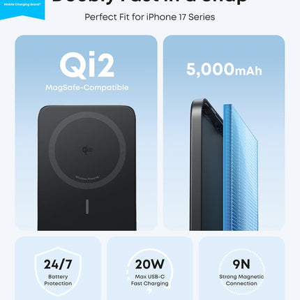 Anker Nano MagSafe Power Bank, Ultra-Slim 5,000mAh Magnetic Wireless Charging Battery, Qi2 Certified 15W Max MagSafe-Compatible Portable Charger, Ergonomic Design, for iPhone Air/17/16 Series