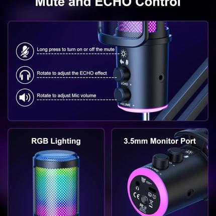 Gaming USB Microphone, Noise Cancellation Condenser Mic with Mute,Boom Arm Mic-Reverb Adjustment, Monitoring for Streaming, Podcasting, Discord, YouTube,PC, Computer, PS4, PS5, Mac