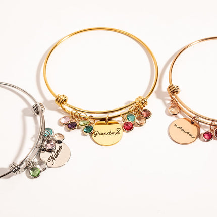 Custom Grandma Birthstone Bangle Bracelet, Personalized Children’s Birthstone Gift for Mom, Handmade Jewelry for Her, Birthday Mothers Day Gift for Women, Meaningful Present for Grandma