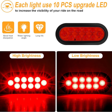 6-Inch Oval Red LED Trailer Tail Lights 2PCS, 10 LEDs Stop Turn Tail Brake Lights, DOT Certified, IP67 Waterproof Surface Mount, for Truck RV Boat Trailer