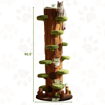 KAMABOKO 90.5 Inch Luxury Cat Tree with Scratching Post, Tall Cat Tree Tower with Sisal Scratching Pad, Multiple Jumping Platforms, Cute Hanging and Spring Toys, Large Cat Condo for for Indoor Kittens